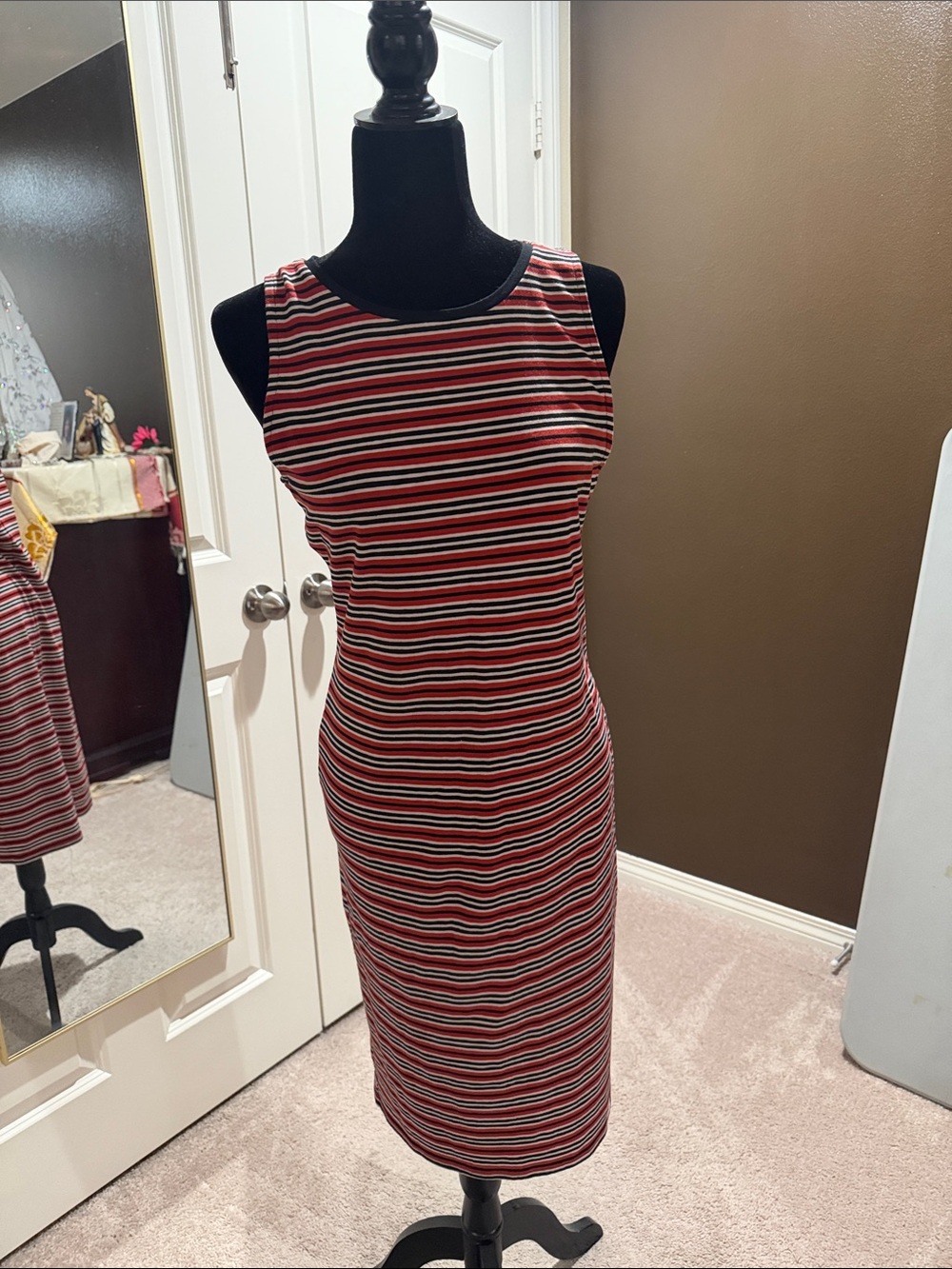 Cotton On Red, Black & White Striped Midi Bodycon Dress